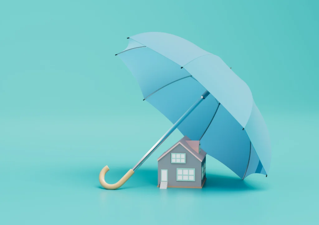 House protected by a large blue umbrella.