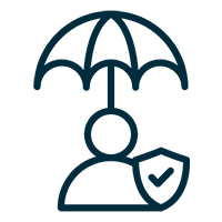 Icon of a person under an umbrella with a shield symbol.