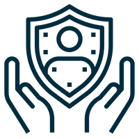 Hands holding a shield with a user icon, symbolizing protection.