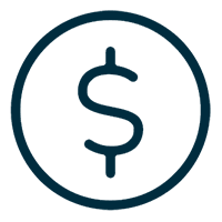 Minimalist dollar sign icon in a circle with dark blue background.