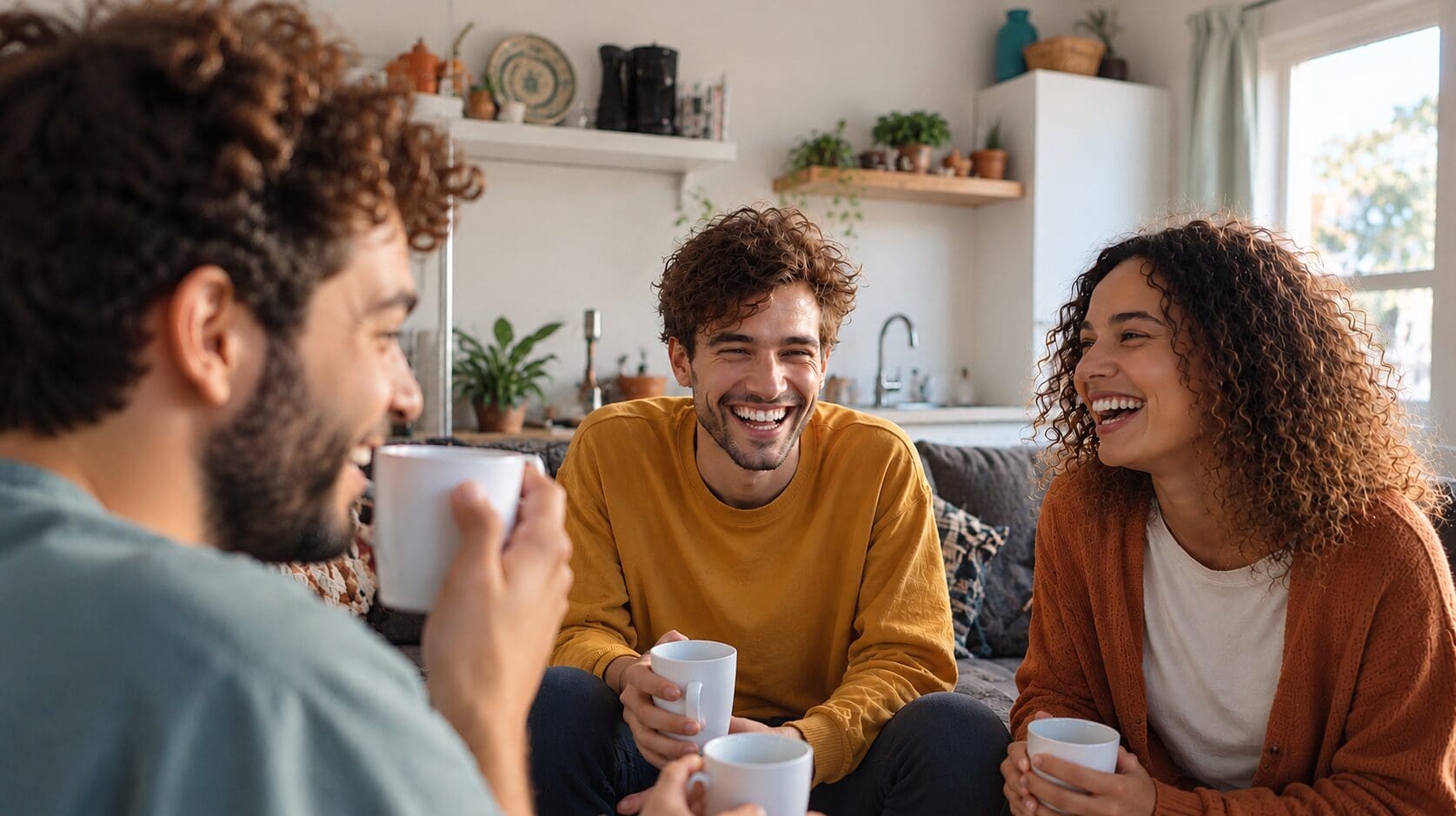 Natural Diverse Cozy Laughter Over Coffee